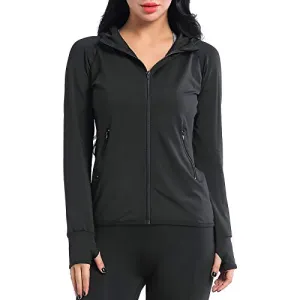 AMZSPORT Women's Running Jacket Long Sleeve Sports Hoodie with Zip Side Pocket Black L