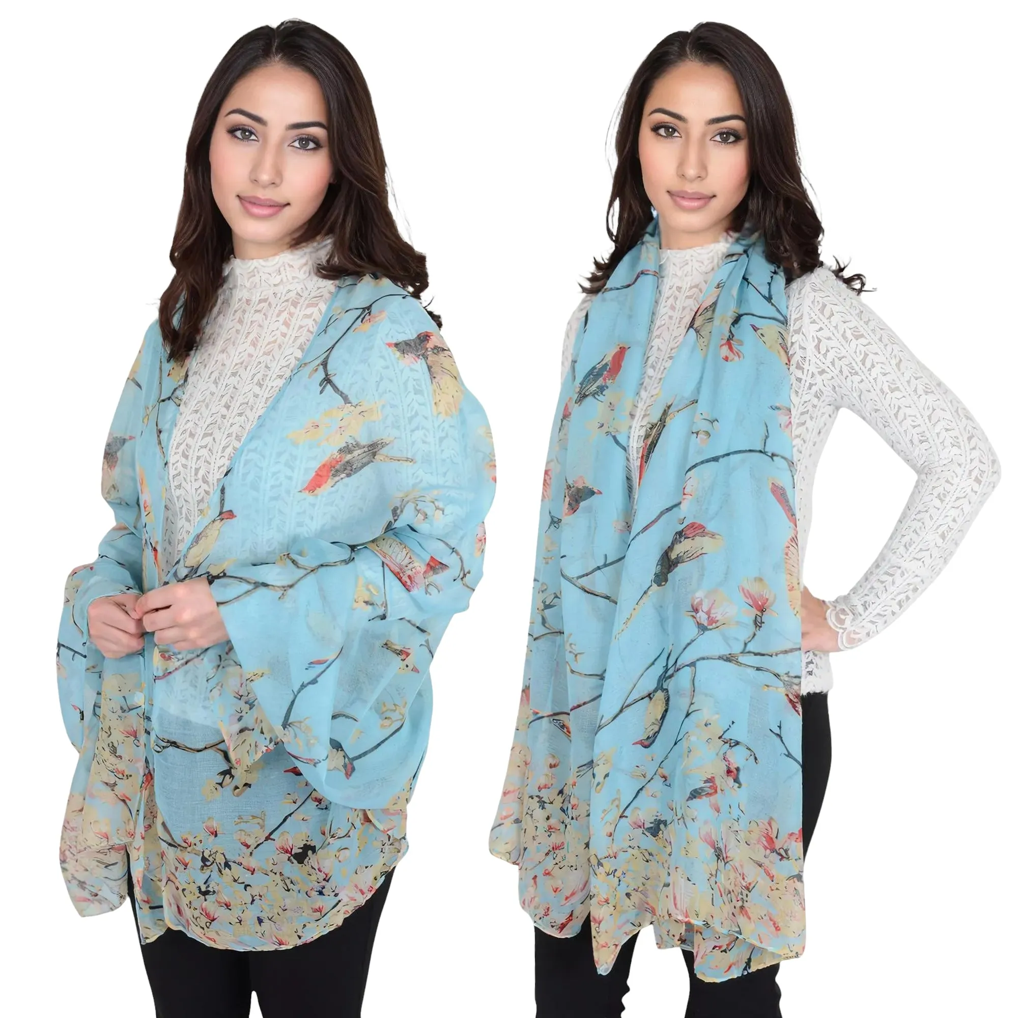 Anna-Kaci Women's Lightweight Floral Birds Print Scarf Cotton Linen Shawls Wrap Scarves