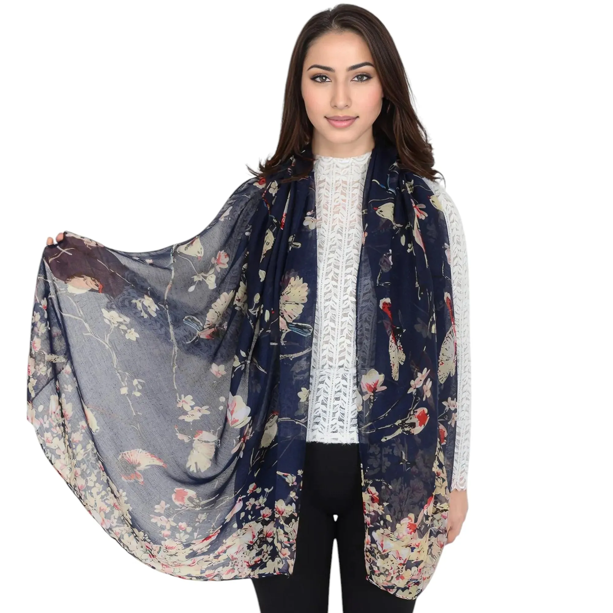 Anna-Kaci Women's Lightweight Floral Birds Print Scarf Cotton Linen Shawls Wrap Scarves
