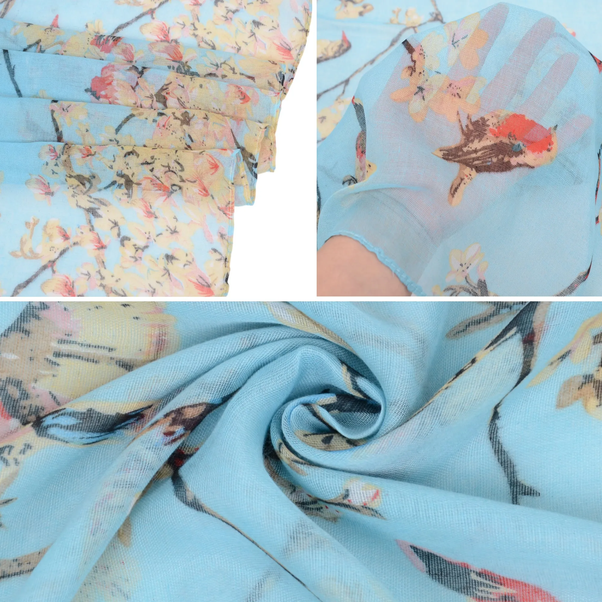 Anna-Kaci Women's Lightweight Floral Birds Print Scarf Cotton Linen Shawls Wrap Scarves