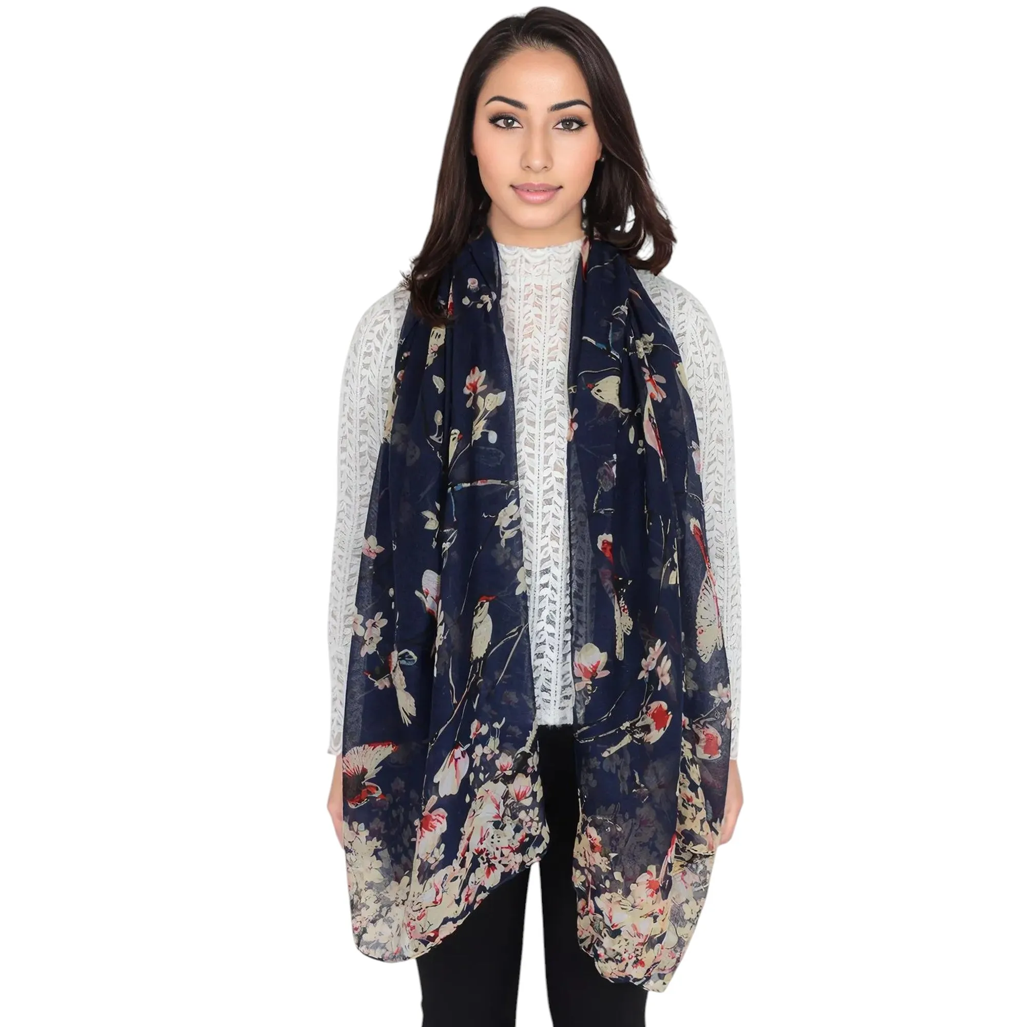 Anna-Kaci Women's Lightweight Floral Birds Print Scarf Cotton Linen Shawls Wrap Scarves