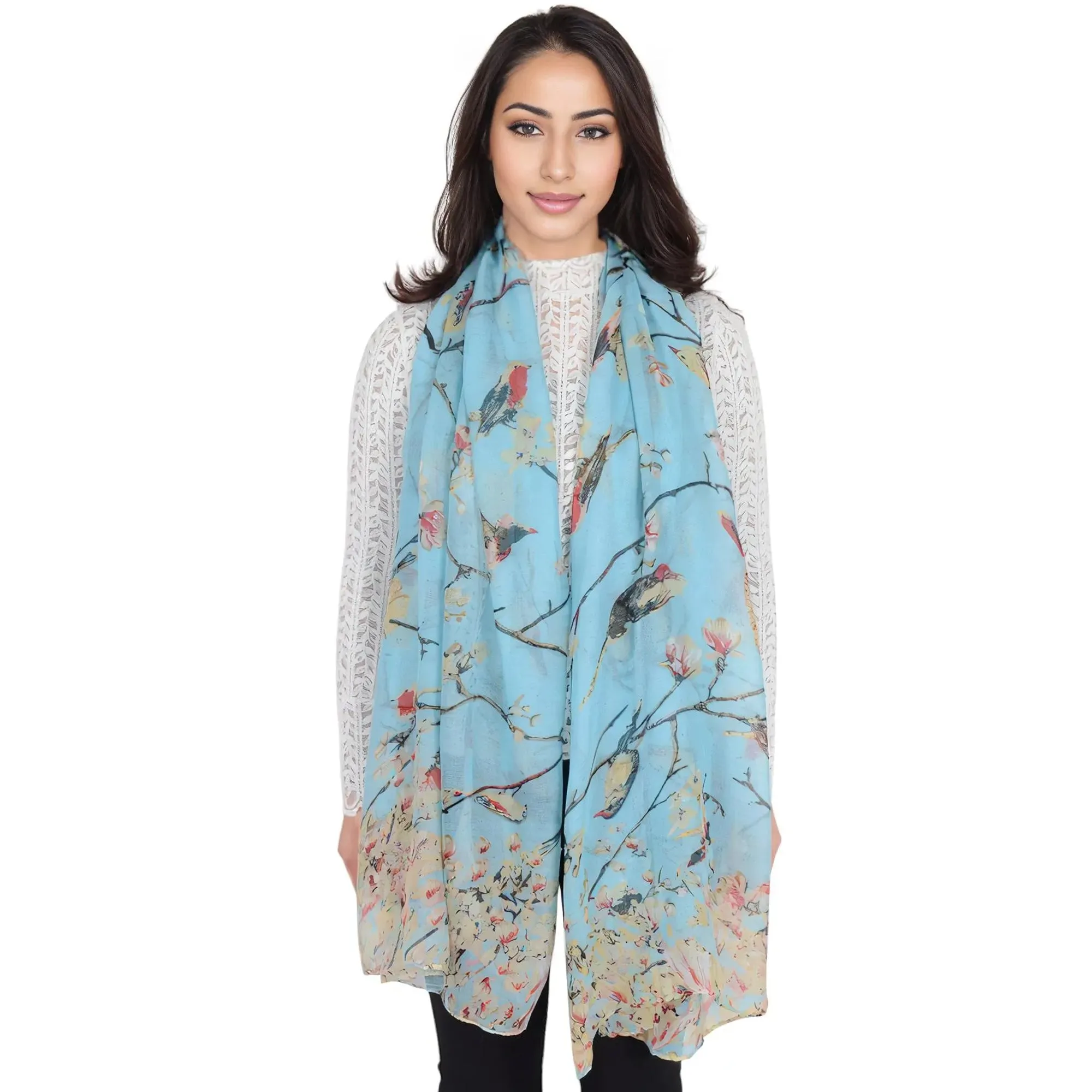 Anna-Kaci Women's Lightweight Floral Birds Print Scarf Cotton Linen Shawls Wrap Scarves