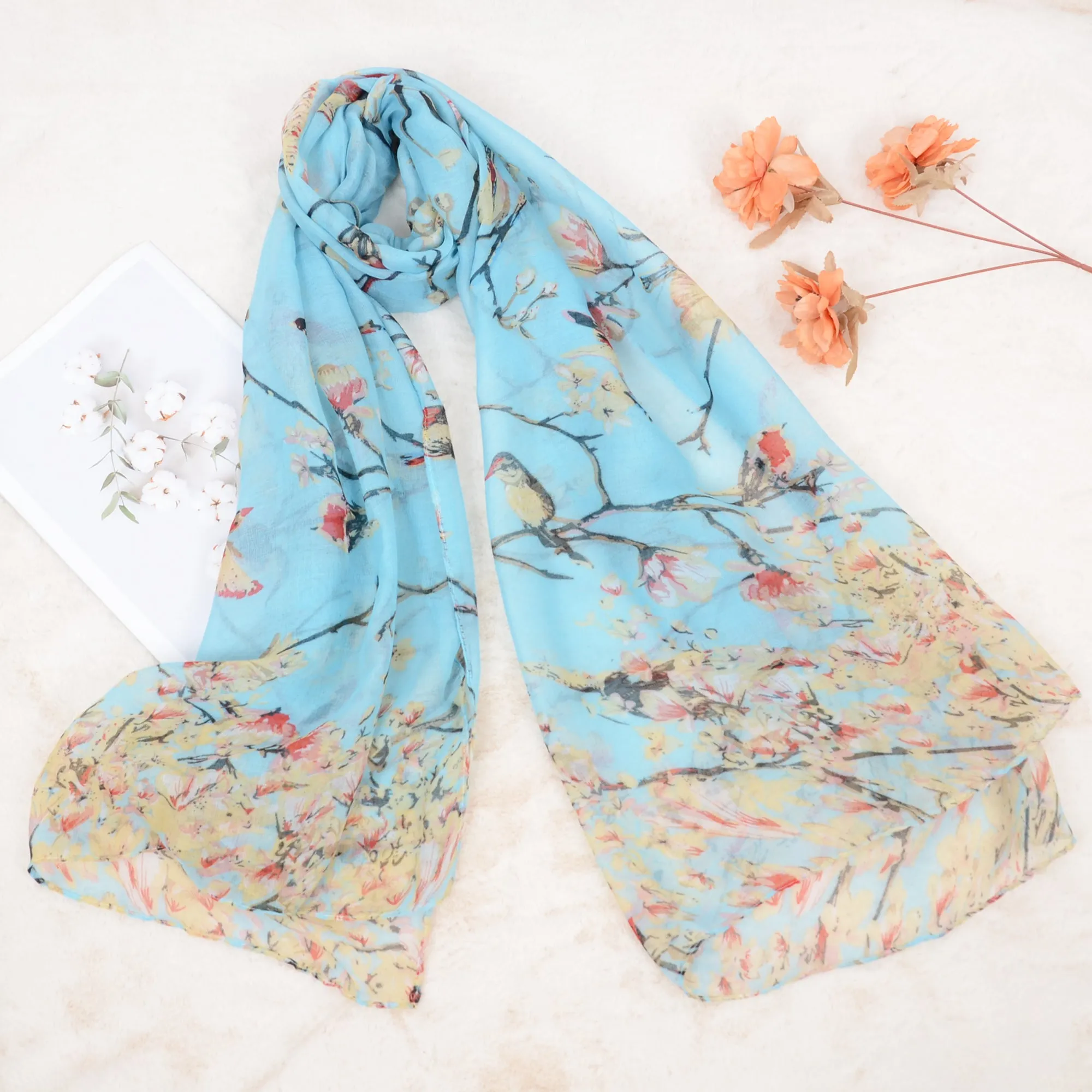 Anna-Kaci Women's Lightweight Floral Birds Print Scarf Cotton Linen Shawls Wrap Scarves