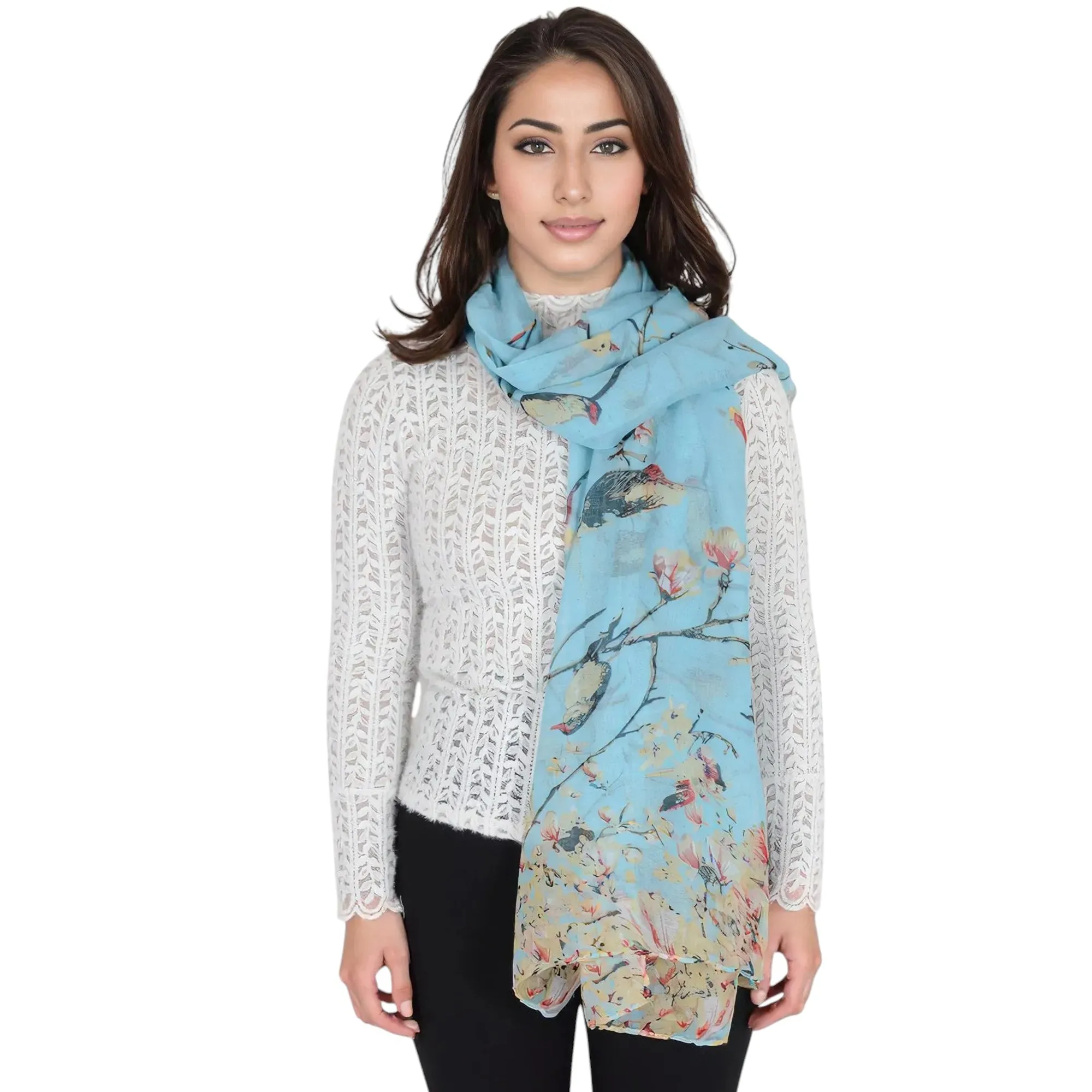 Anna-Kaci Women's Lightweight Floral Birds Print Scarf Cotton Linen Shawls Wrap Scarves