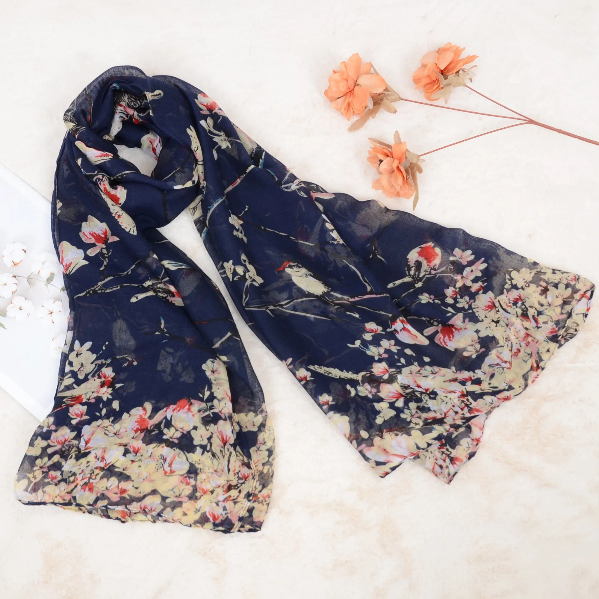 Anna-Kaci Women's Lightweight Floral Birds Print Scarf Cotton Linen Shawls Wrap Scarves