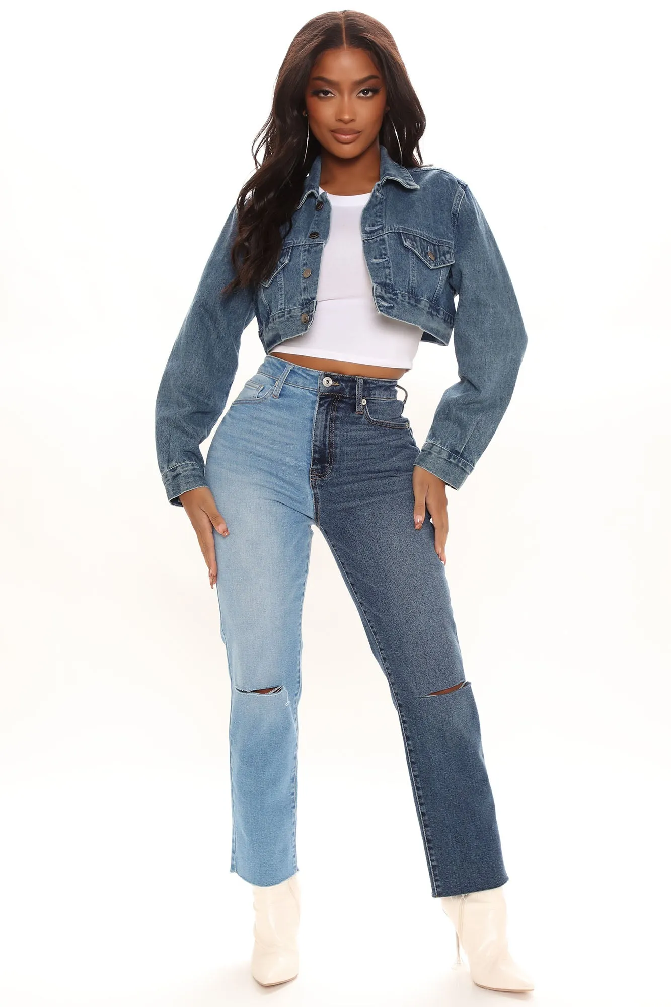 Best Of Both Worlds Two Tone Mom Jeans - Blue/combo