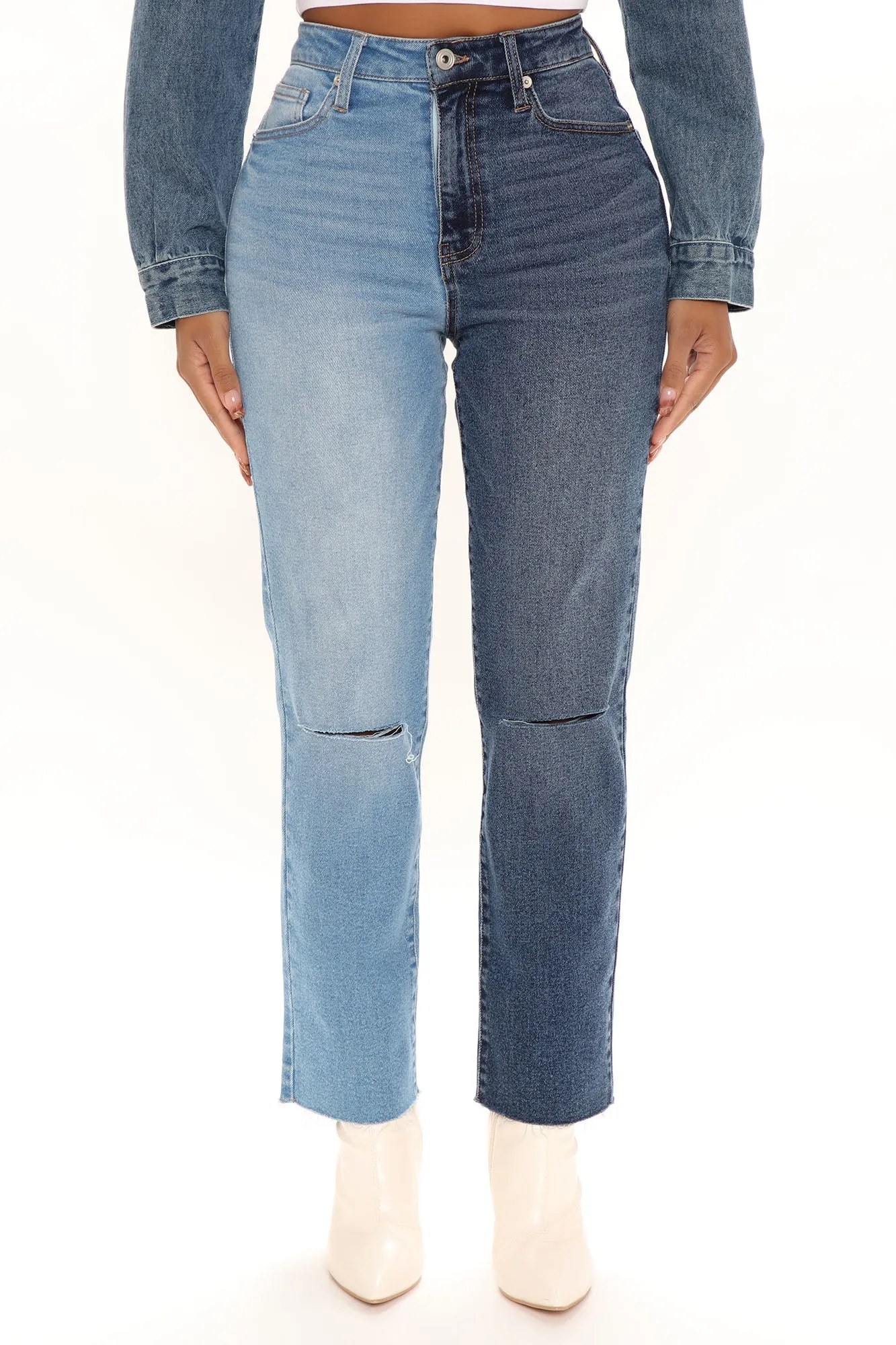 Best Of Both Worlds Two Tone Mom Jeans - Blue/combo