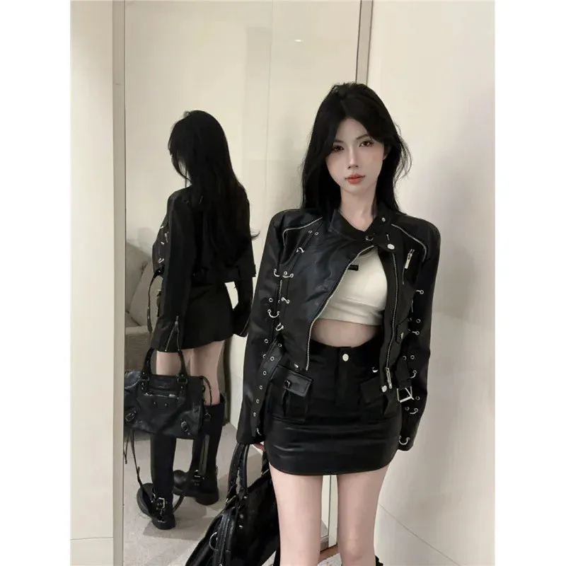 cold weather outfits Joskaa 2024 Autumn New Women's Clothing Harajuku Style Motorcycle Jacket Short Zipper Up Genuine Leather Jacket For Street Wear