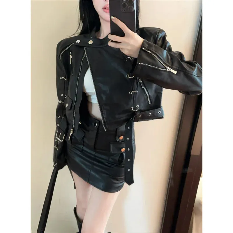 cold weather outfits Joskaa 2024 Autumn New Women's Clothing Harajuku Style Motorcycle Jacket Short Zipper Up Genuine Leather Jacket For Street Wear