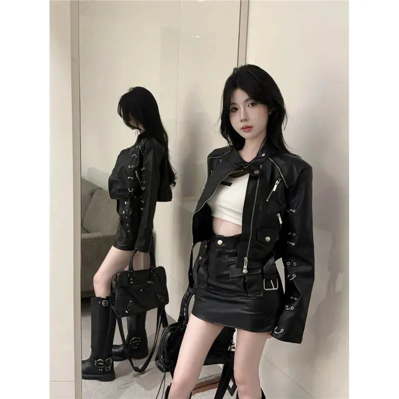 cold weather outfits Joskaa 2024 Autumn New Women's Clothing Harajuku Style Motorcycle Jacket Short Zipper Up Genuine Leather Jacket For Street Wear