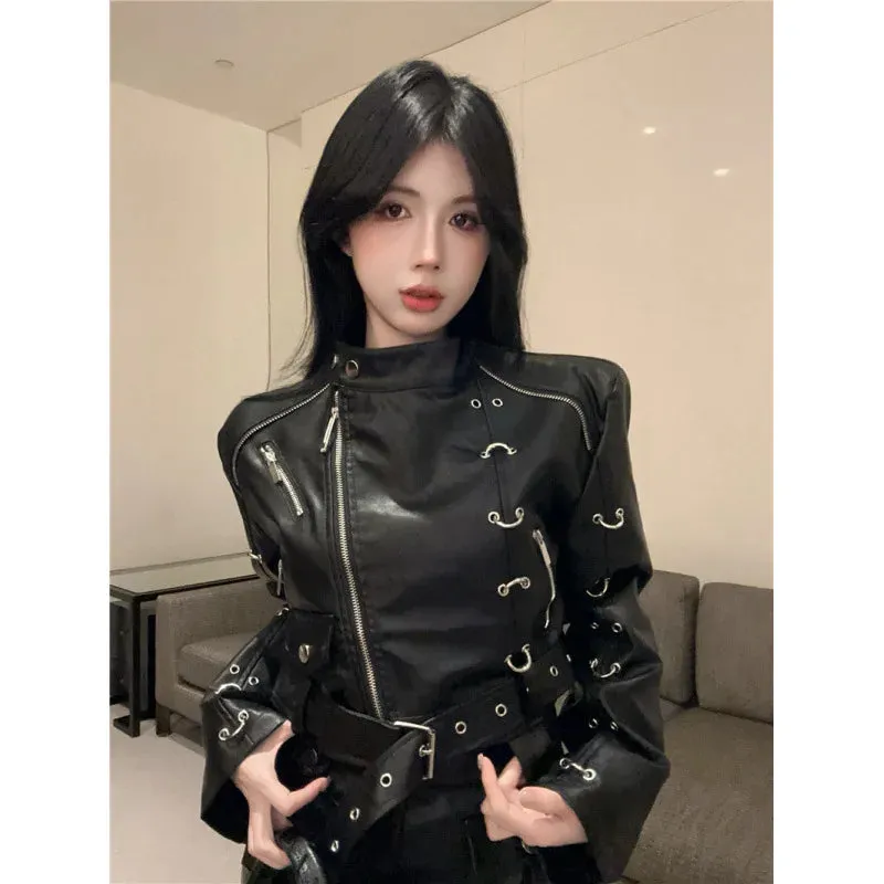 cold weather outfits Joskaa 2024 Autumn New Women's Clothing Harajuku Style Motorcycle Jacket Short Zipper Up Genuine Leather Jacket For Street Wear