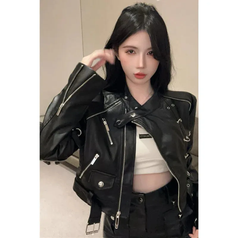 cold weather outfits Joskaa 2024 Autumn New Women's Clothing Harajuku Style Motorcycle Jacket Short Zipper Up Genuine Leather Jacket For Street Wear