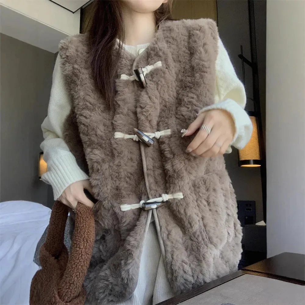 cold weather outfits Joskaa 2024 Autumn/Winter New Horn Button Lamb Wool Vest Cropped Sleeveless Leather Integrated Jacket Women's Top Crew Neck Design