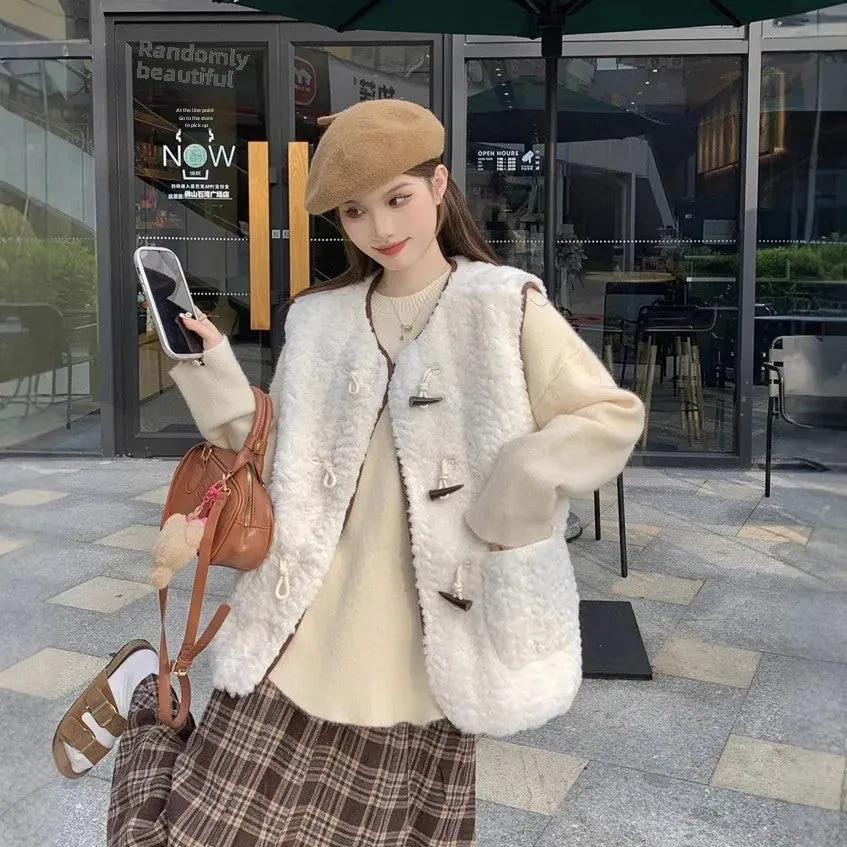 cold weather outfits Joskaa 2024 Autumn/Winter New Horn Button Lamb Wool Vest Cropped Sleeveless Leather Integrated Jacket Women's Top Crew Neck Design