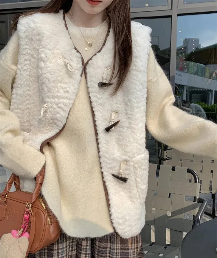 cold weather outfits Joskaa 2024 Autumn/Winter New Horn Button Lamb Wool Vest Cropped Sleeveless Leather Integrated Jacket Women's Top Crew Neck Design