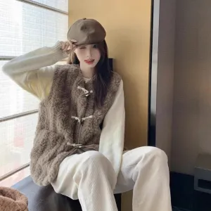 cold weather outfits Joskaa 2024 Autumn/Winter New Horn Button Lamb Wool Vest Cropped Sleeveless Leather Integrated Jacket Women's Top Crew Neck Design