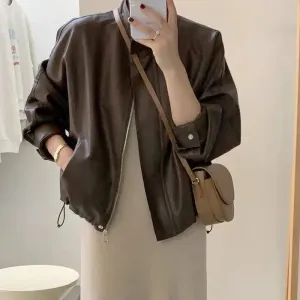 cold weather outfits Joskaa 2024 New Style Coffee Color Leather Jacket For Women Cropped Motorcycle Popular American Vintage Cardigan Jacket