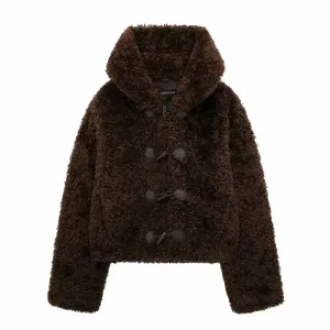 cold weather outfits Joskaa 2024 New Style Women's Hooded Cropped Overcoat Jacket European And American Fashion Lamb Wool Leather Effect With Button