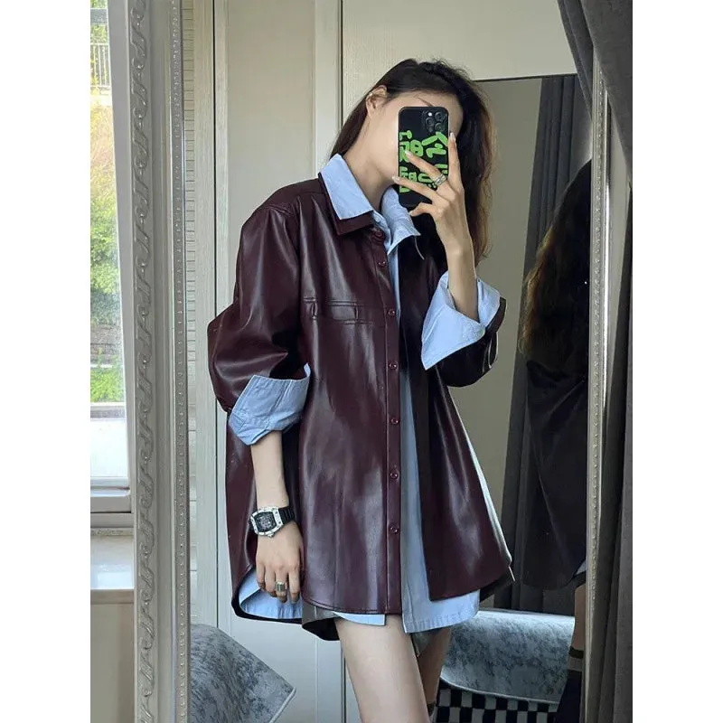 cold weather outfits Joskaa 2024 Spring New Style Korean Matching Loose-Fit Medium-Length Leather Jacket Elegant Shirt Top 2-piece Set Women's Suit