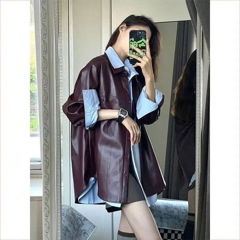cold weather outfits Joskaa 2024 Spring New Style Korean Matching Loose-Fit Medium-Length Leather Jacket Elegant Shirt Top 2-piece Set Women's Suit