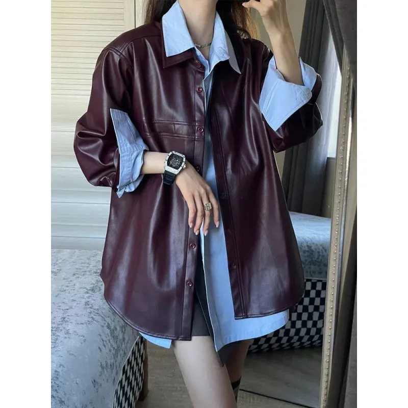 cold weather outfits Joskaa 2024 Spring New Style Korean Matching Loose-Fit Medium-Length Leather Jacket Elegant Shirt Top 2-piece Set Women's Suit