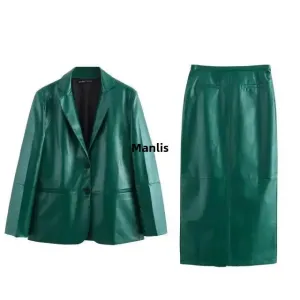 cold weather outfits Joskaa 2024 Summer New Women's Clothing European Style Leather-Like Straight Leg Pants Jacket Matching Set Fashionable and Versatile