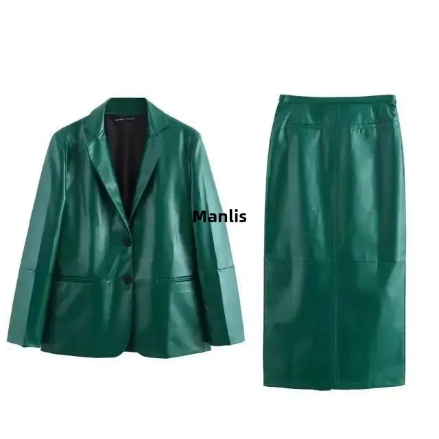 cold weather outfits Joskaa 2024 Summer New Women's Clothing European Style Leather-Like Straight Leg Pants Jacket Matching Set Fashionable and Versatile