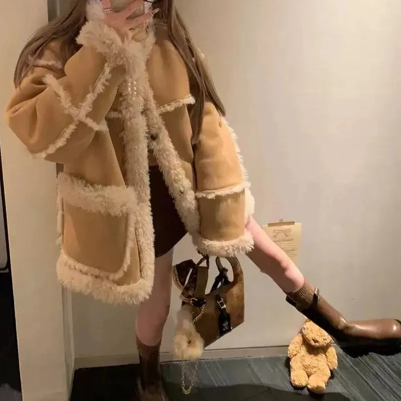 cold weather outfits Joskaa 2024 Winter Chamois Leather Lamb Wool Top Integrated Thick Jacket Women's Clothing Fleece-Lined And Thickened Soft And Supple