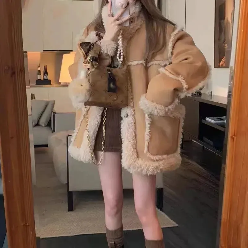 cold weather outfits Joskaa 2024 Winter Chamois Leather Lamb Wool Top Integrated Thick Jacket Women's Clothing Fleece-Lined And Thickened Soft And Supple