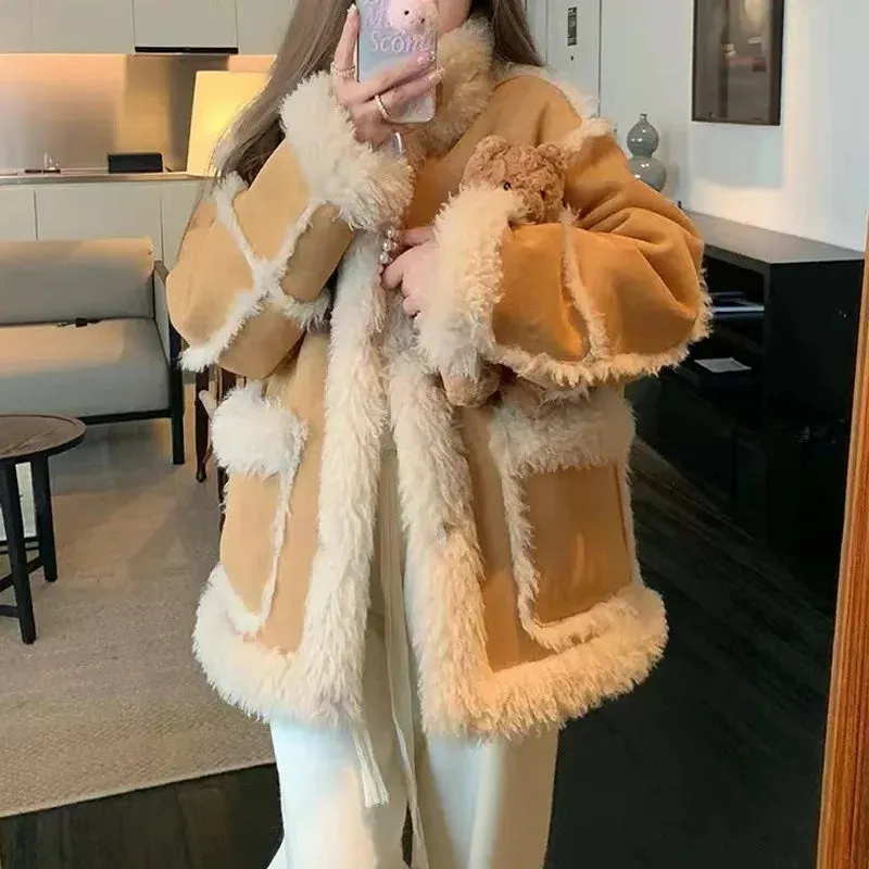 cold weather outfits Joskaa 2024 Winter Chamois Leather Lamb Wool Top Integrated Thick Jacket Women's Clothing Fleece-Lined And Thickened Soft And Supple