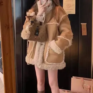 cold weather outfits Joskaa 2024 Winter Chamois Leather Lamb Wool Top Integrated Thick Jacket Women's Clothing Fleece-Lined And Thickened Soft And Supple