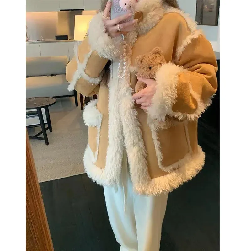 cold weather outfits Joskaa 2024 Winter Chamois Leather Lamb Wool Top Integrated Thick Jacket Women's Clothing Fleece-Lined And Thickened Soft And Supple