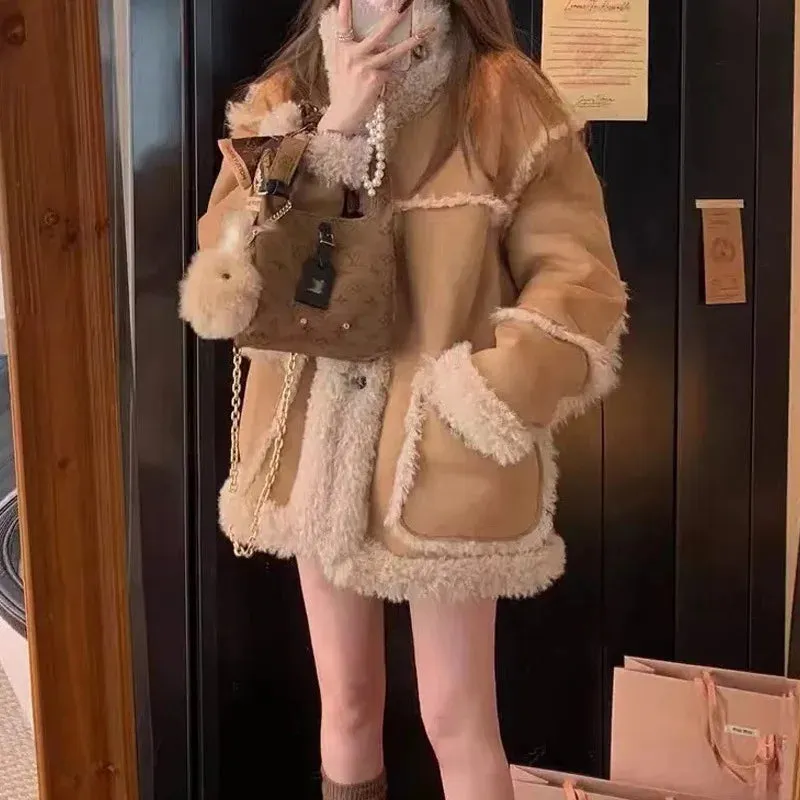 cold weather outfits Joskaa 2024 Winter Chamois Leather Lamb Wool Top Integrated Thick Jacket Women's Clothing Fleece-Lined And Thickened Soft And Supple