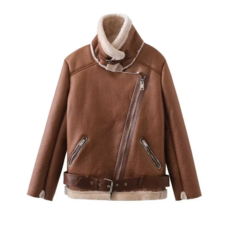 cold weather outfits Joskaa 2024 Winter Cool Level One Piece Leather Jacket For Women's Fashion European American Style Genuine Leather Coat