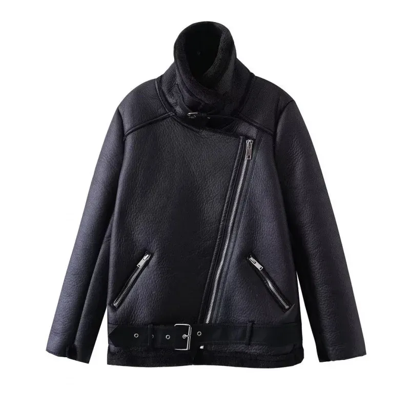 cold weather outfits Joskaa 2024 Winter Cool Level One Piece Leather Jacket For Women's Fashion European American Style Genuine Leather Coat