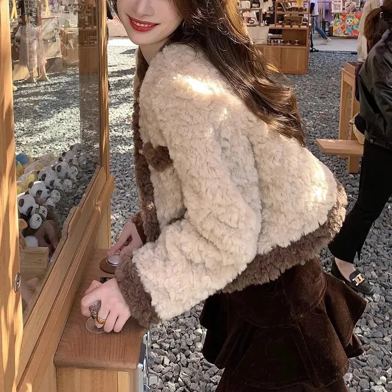 cold weather outfits Joskaa French Style Cropped Tweed Jacket Women's Autumn/Winter 2024 New Lamb Wool Padded Fleece Top Genuine Leather Coat