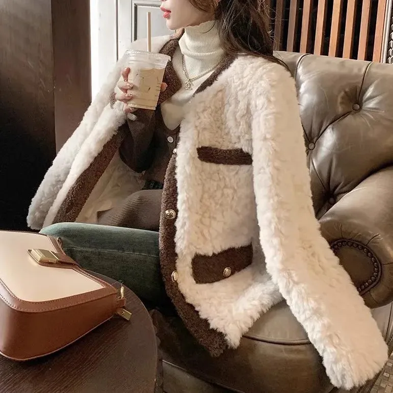 cold weather outfits Joskaa French Style Cropped Tweed Jacket Women's Autumn/Winter 2024 New Lamb Wool Padded Fleece Top Genuine Leather Coat