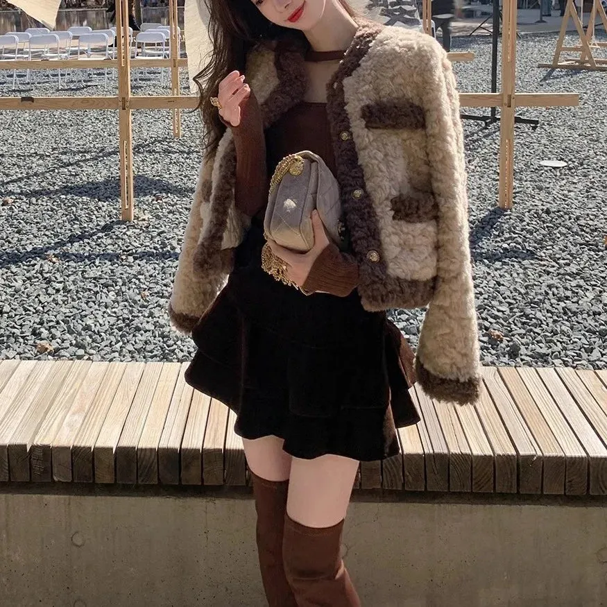cold weather outfits Joskaa French Style Cropped Tweed Jacket Women's Autumn/Winter 2024 New Lamb Wool Padded Fleece Top Genuine Leather Coat