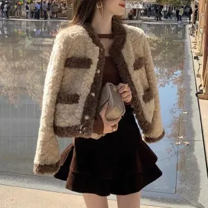 cold weather outfits Joskaa French Style Cropped Tweed Jacket Women's Autumn/Winter 2024 New Lamb Wool Padded Fleece Top Genuine Leather Coat