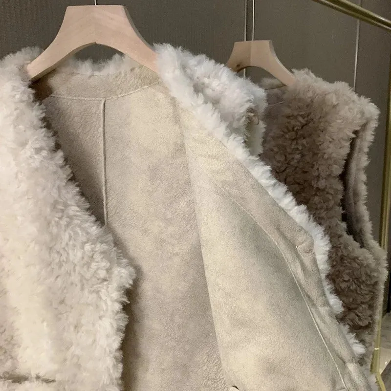 cold weather outfits Joskaa Lamb Wool Vest Women's 2024 Autumn/Winter New Style Integrated Leather Shoulder Vest Outerwear Trendy Goat Fleece Jacket