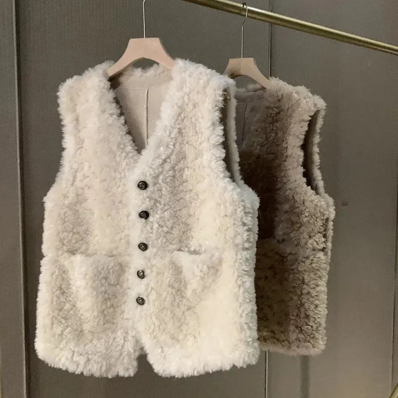 cold weather outfits Joskaa Lamb Wool Vest Women's 2024 Autumn/Winter New Style Integrated Leather Shoulder Vest Outerwear Trendy Goat Fleece Jacket