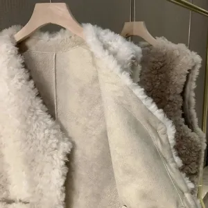 cold weather outfits Joskaa Lamb Wool Vest Women's 2024 Autumn/Winter New Style Integrated Leather Shoulder Vest Outerwear Trendy Goat Fleece Jacket
