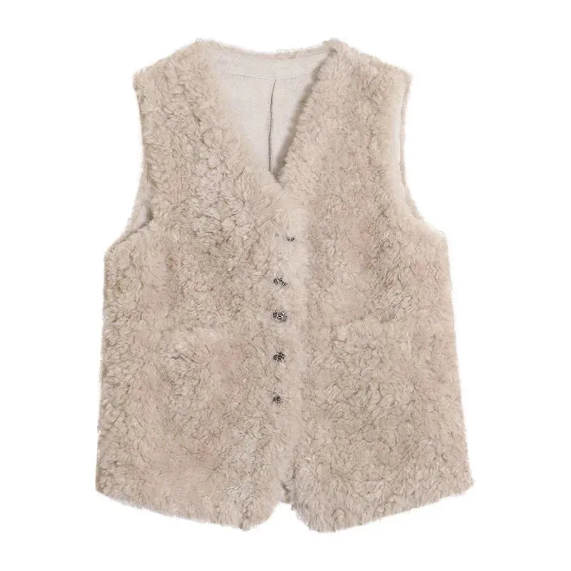 cold weather outfits Joskaa Lamb Wool Vest Women's 2024 Autumn/Winter New Style Integrated Leather Shoulder Vest Outerwear Trendy Goat Fleece Jacket