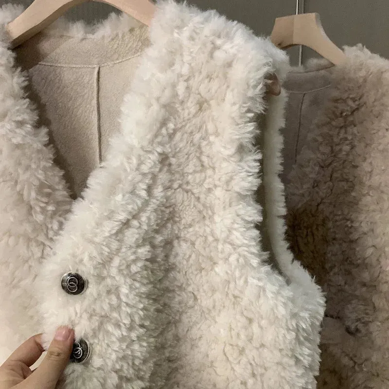 cold weather outfits Joskaa Lamb Wool Vest Women's 2024 Autumn/Winter New Style Integrated Leather Shoulder Vest Outerwear Trendy Goat Fleece Jacket