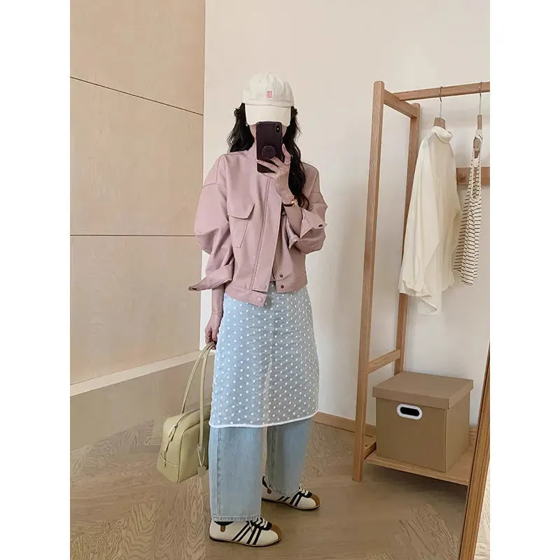 cold weather outfits Joskaa Pink Cropped Leather Jacket 2024 Spring New Style Pocket Loose-Fit Slimming Vintage PU Leather Top Jacket For Women