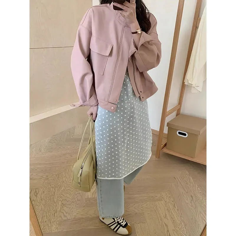 cold weather outfits Joskaa Pink Cropped Leather Jacket 2024 Spring New Style Pocket Loose-Fit Slimming Vintage PU Leather Top Jacket For Women