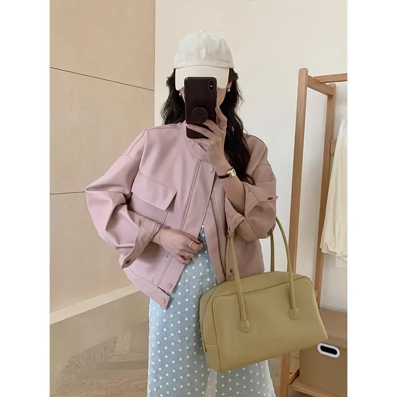 cold weather outfits Joskaa Pink Cropped Leather Jacket 2024 Spring New Style Pocket Loose-Fit Slimming Vintage PU Leather Top Jacket For Women