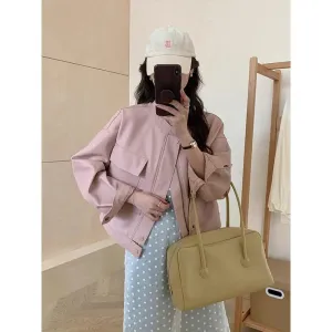 cold weather outfits Joskaa Pink Cropped Leather Jacket 2024 Spring New Style Pocket Loose-Fit Slimming Vintage PU Leather Top Jacket For Women