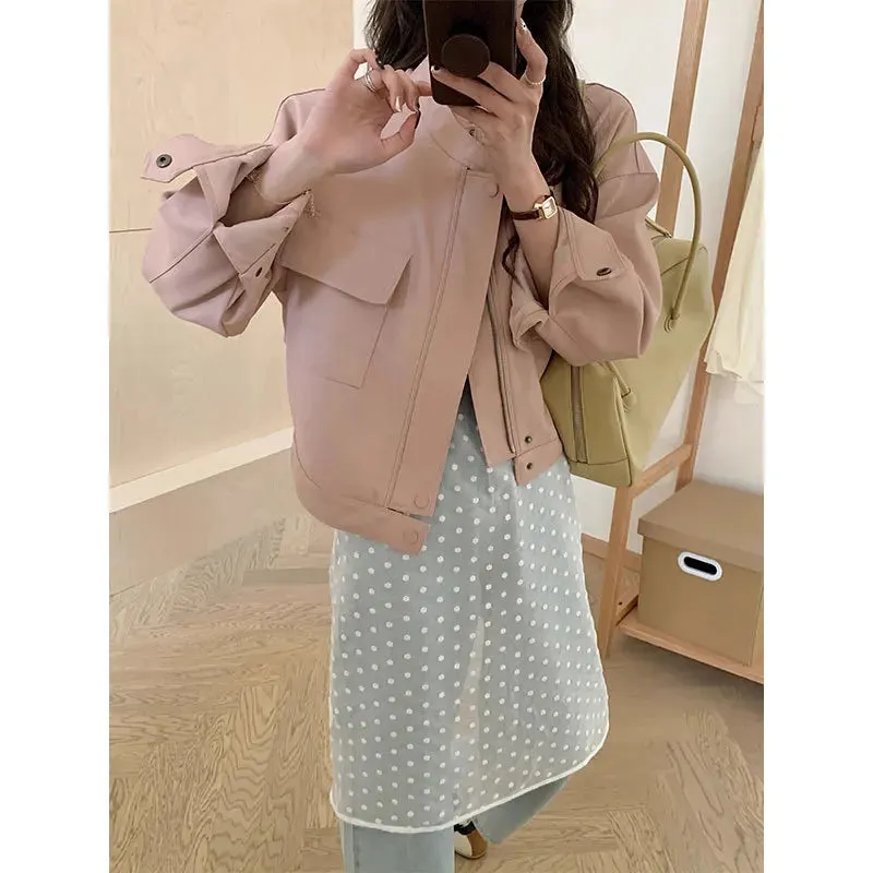 cold weather outfits Joskaa Pink Cropped Leather Jacket 2024 Spring New Style Pocket Loose-Fit Slimming Vintage PU Leather Top Jacket For Women