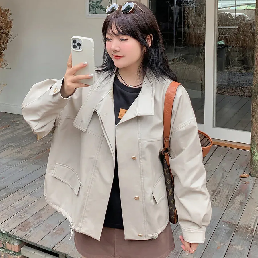 cold weather outfits Joskaa Plus Size K2498 Maillard Style Women's Leather Jacket Plus Size Casual Stand Collar Cropped Top Sweet Loose Fit Big Size T-Shirt